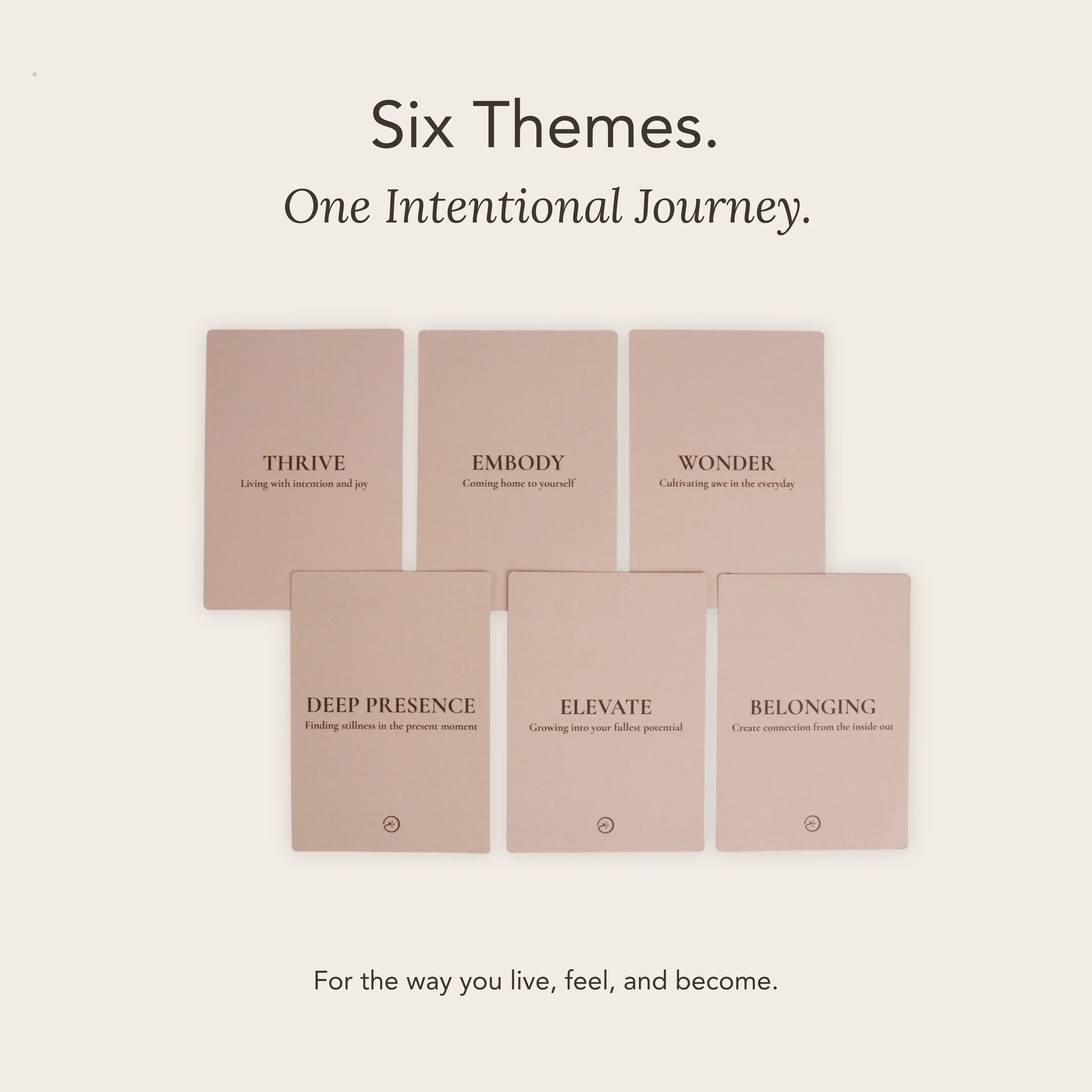 Six motivational cards with themes on a beige background