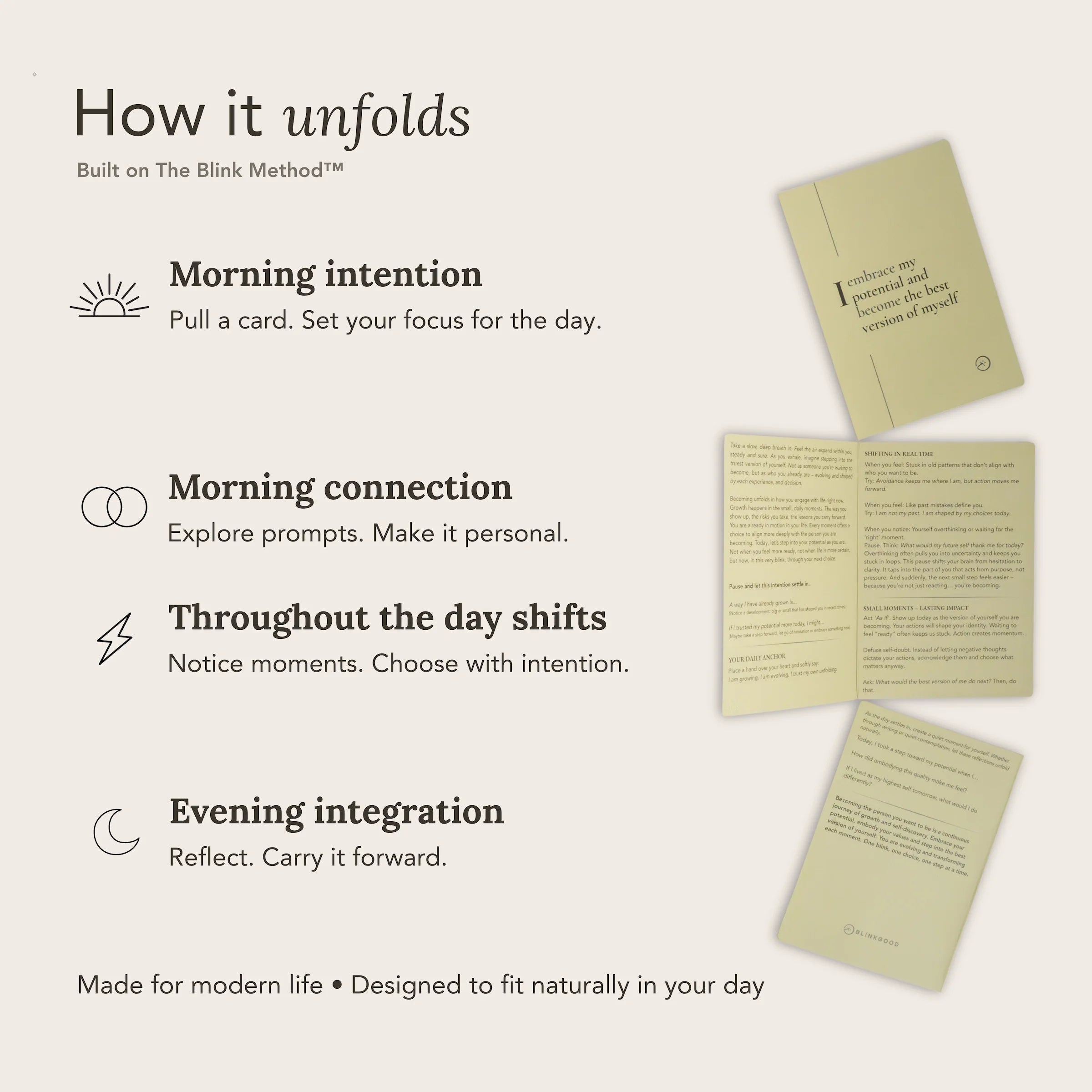 Product packaging with cards and text explaining a daily routine system.