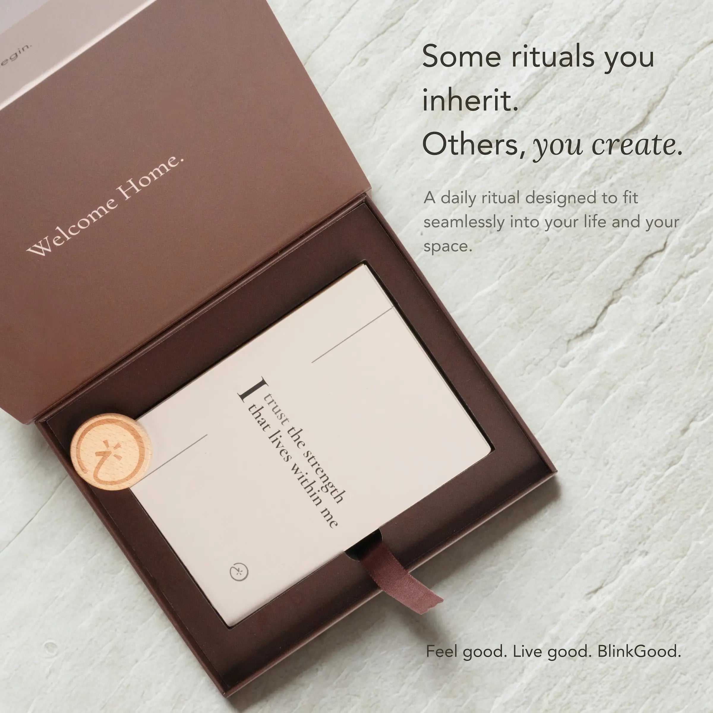 Open blink deck box containing a card with text, featuring the brand 'BlinkGood' on a textured surface.