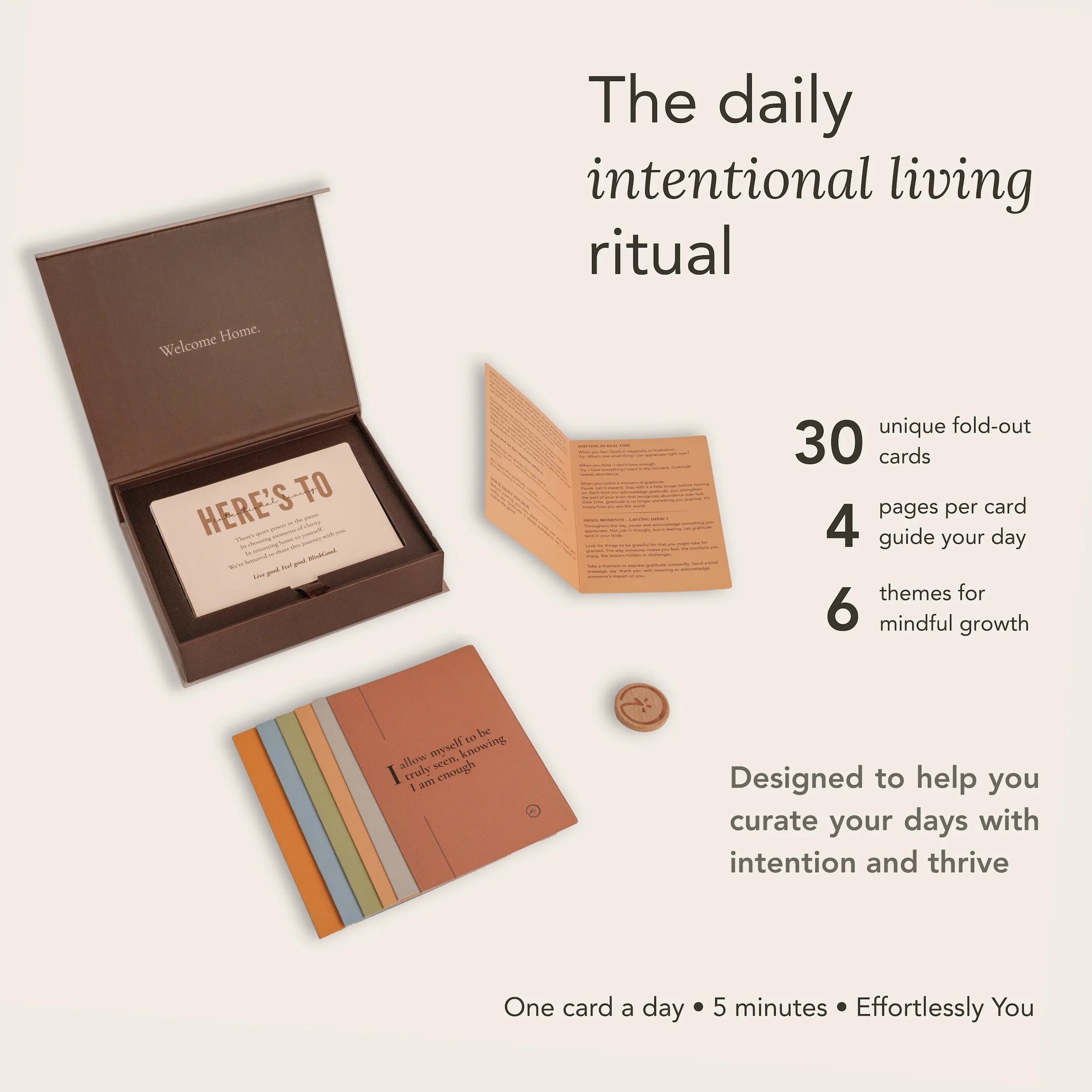 Set of fold-out cards in a blink deck box with text about daily intentional living ritual