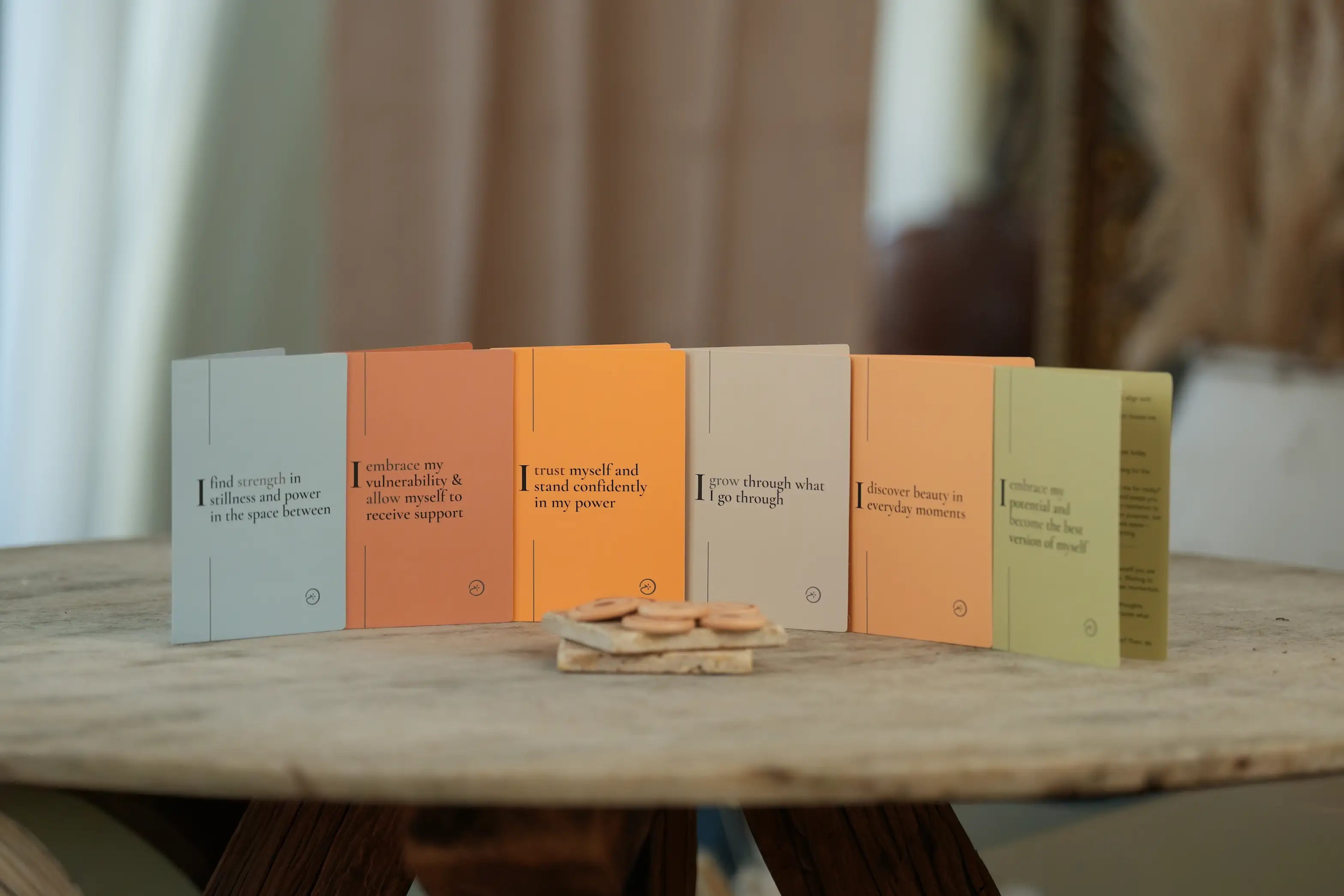 Set of blink cards with text on a wooden surface