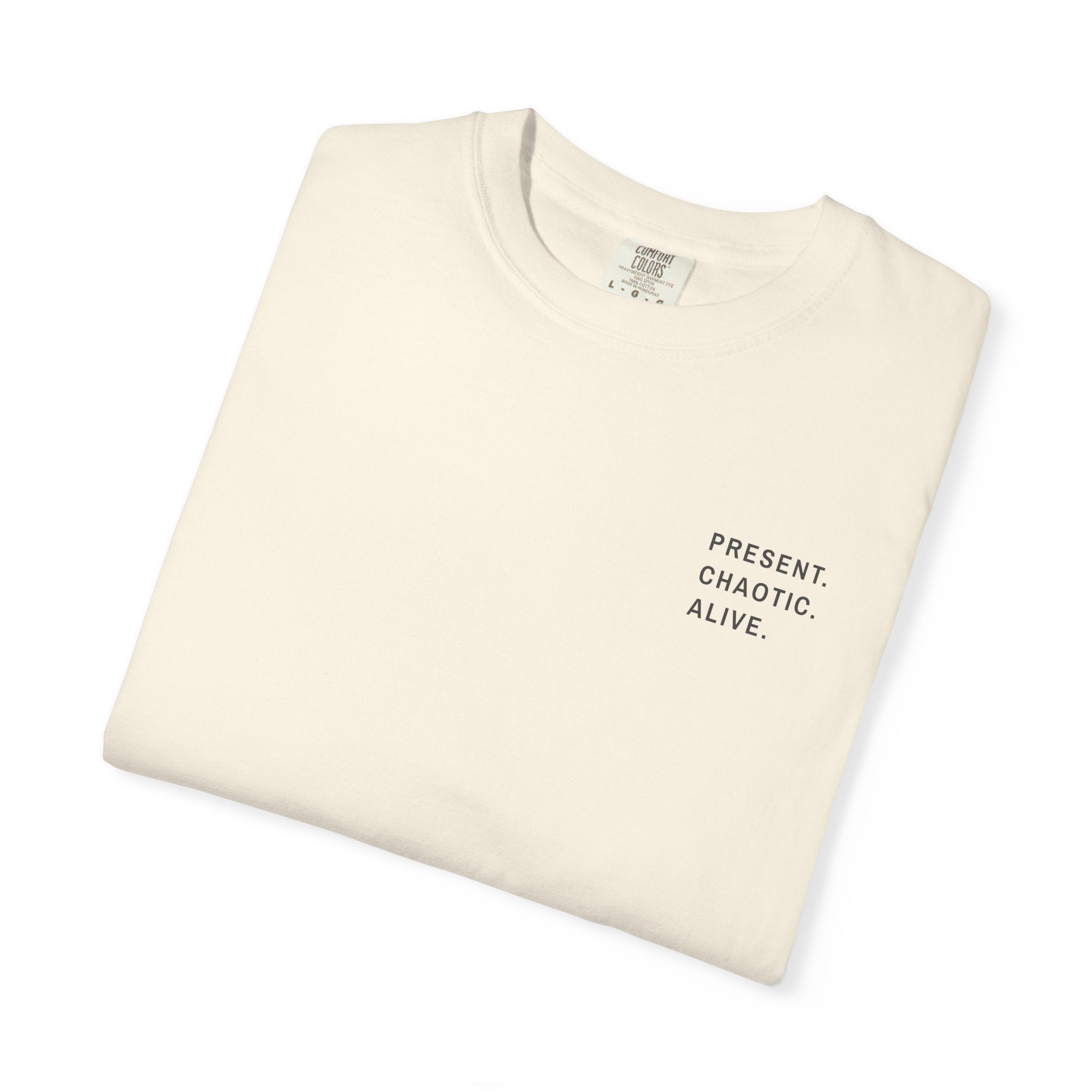 Present. Chaotic. Alive. — Heavyweight Tee
