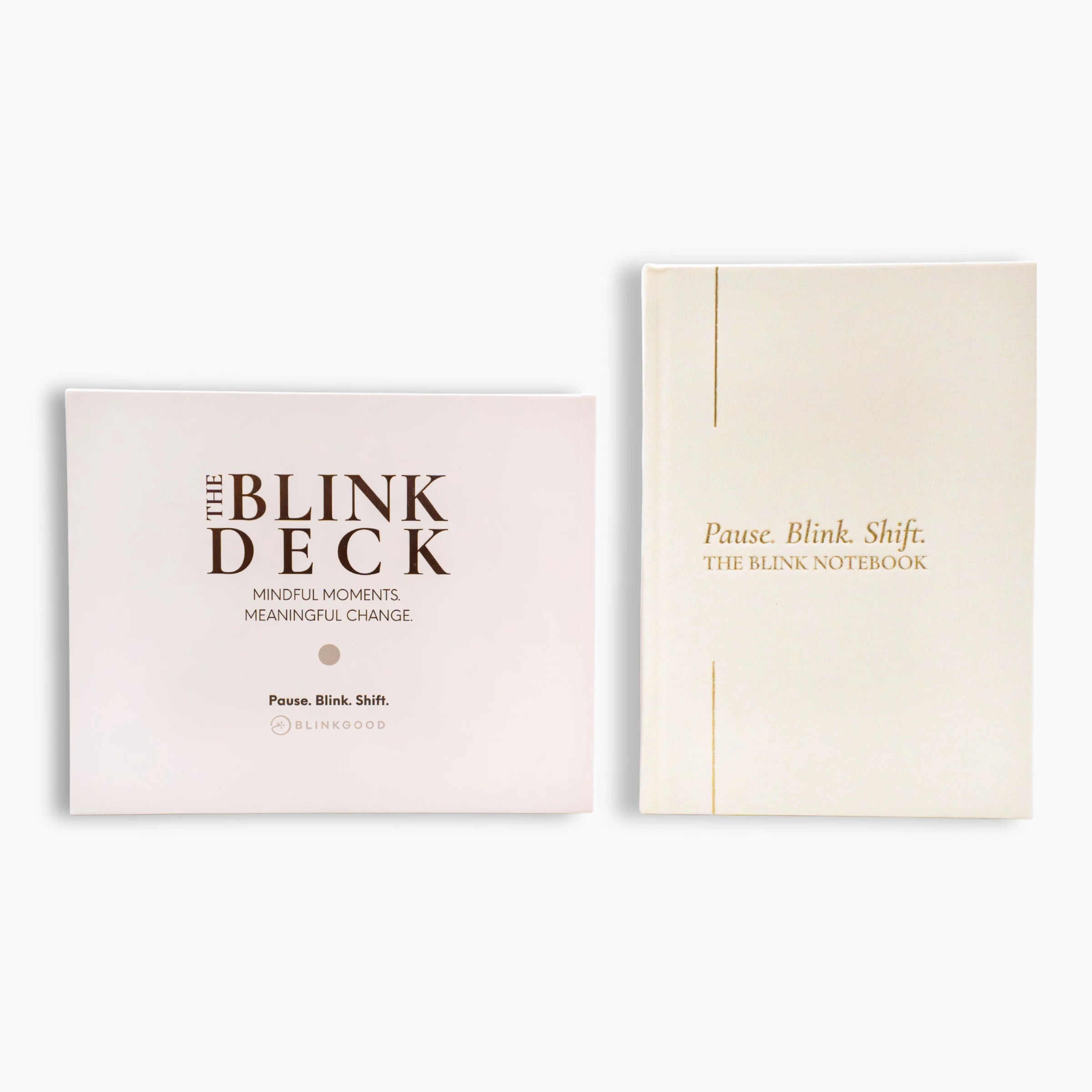 Two products, 'The Blink Deck' and 'The Blink Notebook', on a white background.
