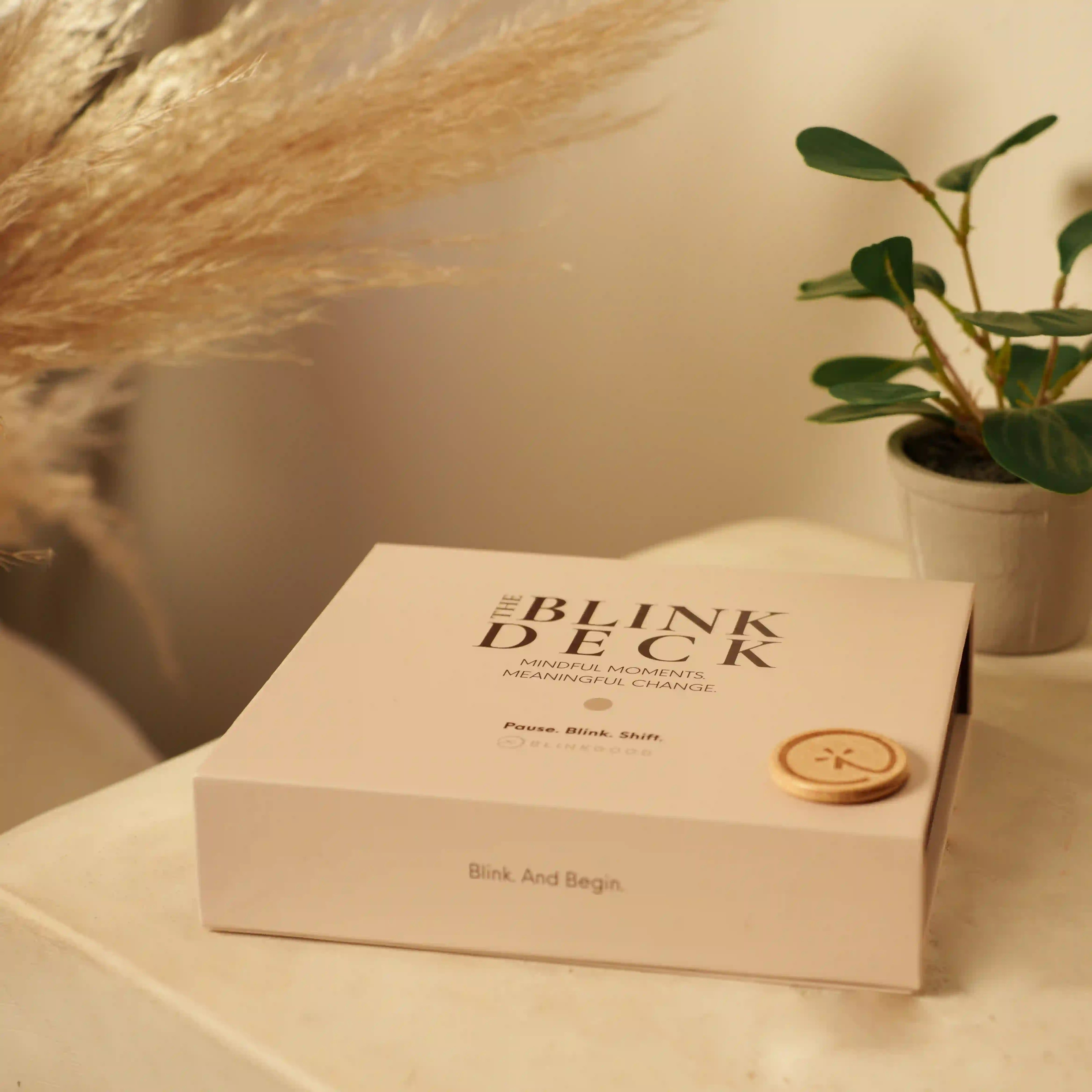 Box labeled 'The Blink Deck' on a surface with decorative elements