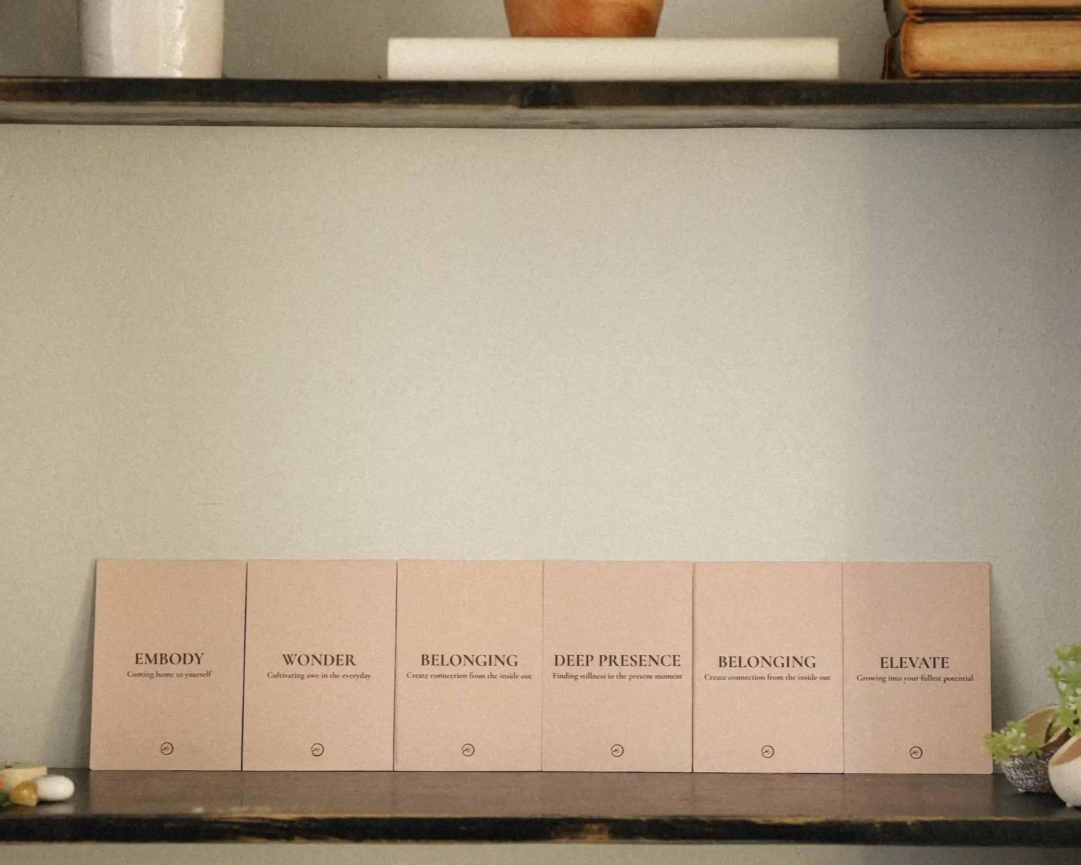 Set of blink deck theme cards on a shelf with decorative items