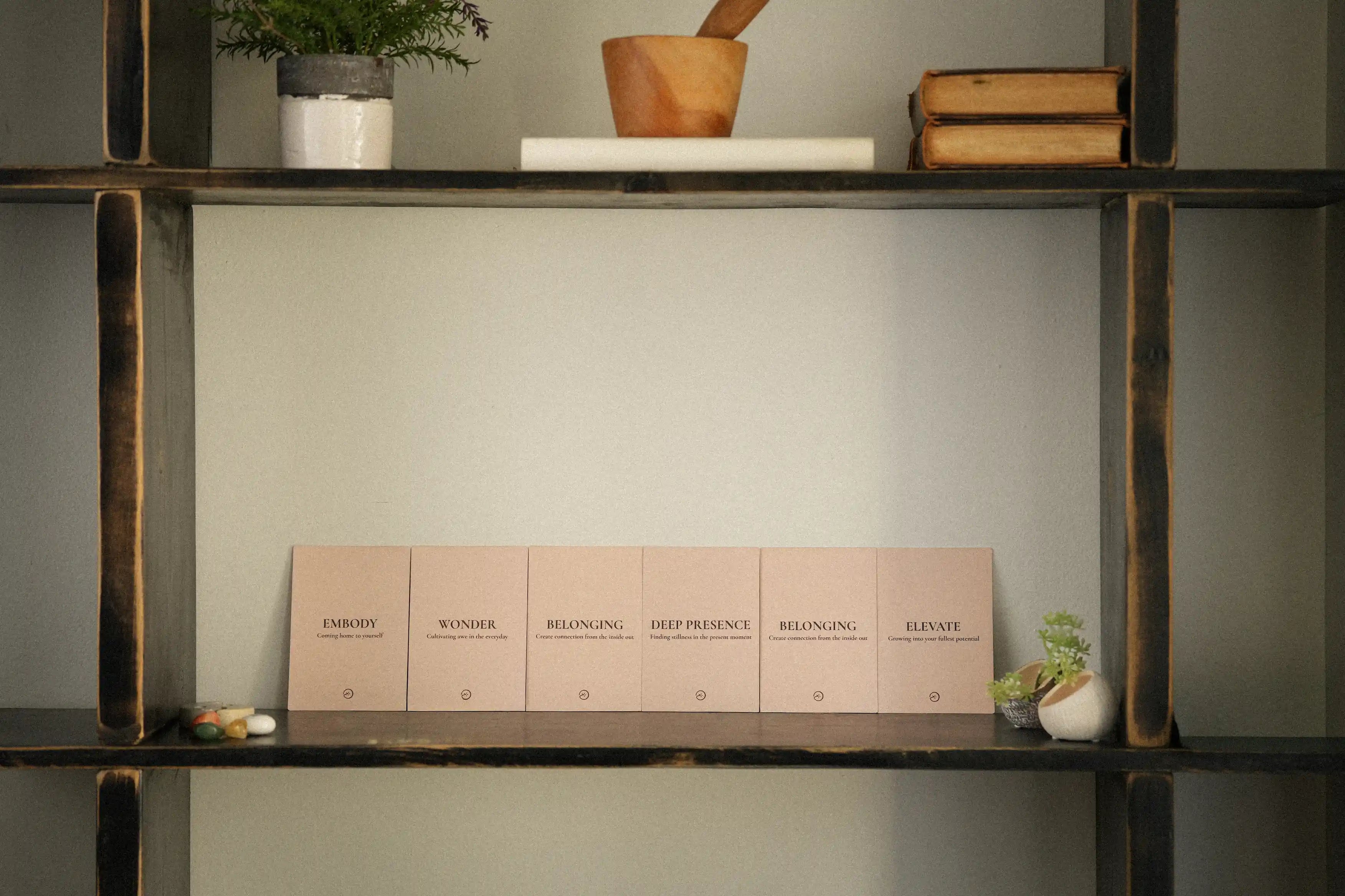Set of pink boxes labeled 'Wander', 'Belonging', 'Deep Presence', 'Nurture' on a shelf with decorative items.