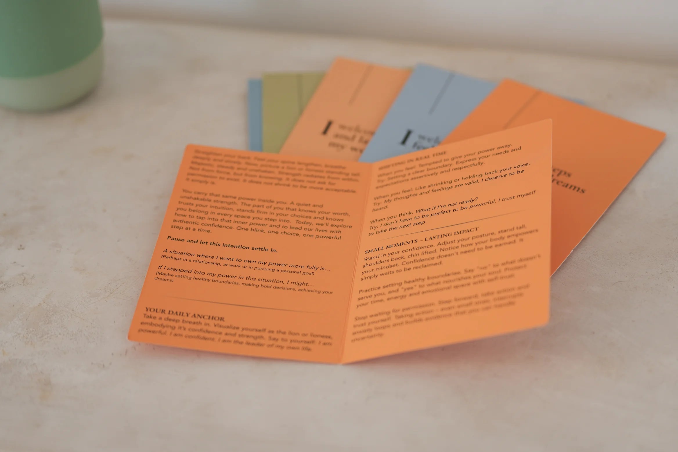 blink card open  on a light surface with a green container in the corner